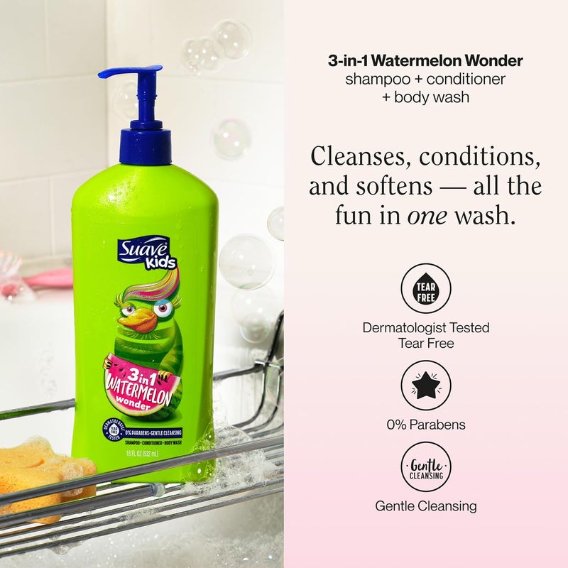 Suave Kids 3-in-1 Tear Free, Body Wash, Shampoo and Conditioners, Dermartologist Tested, Watermelon Wonder, 18 Oz Pack of 6 - Image 2